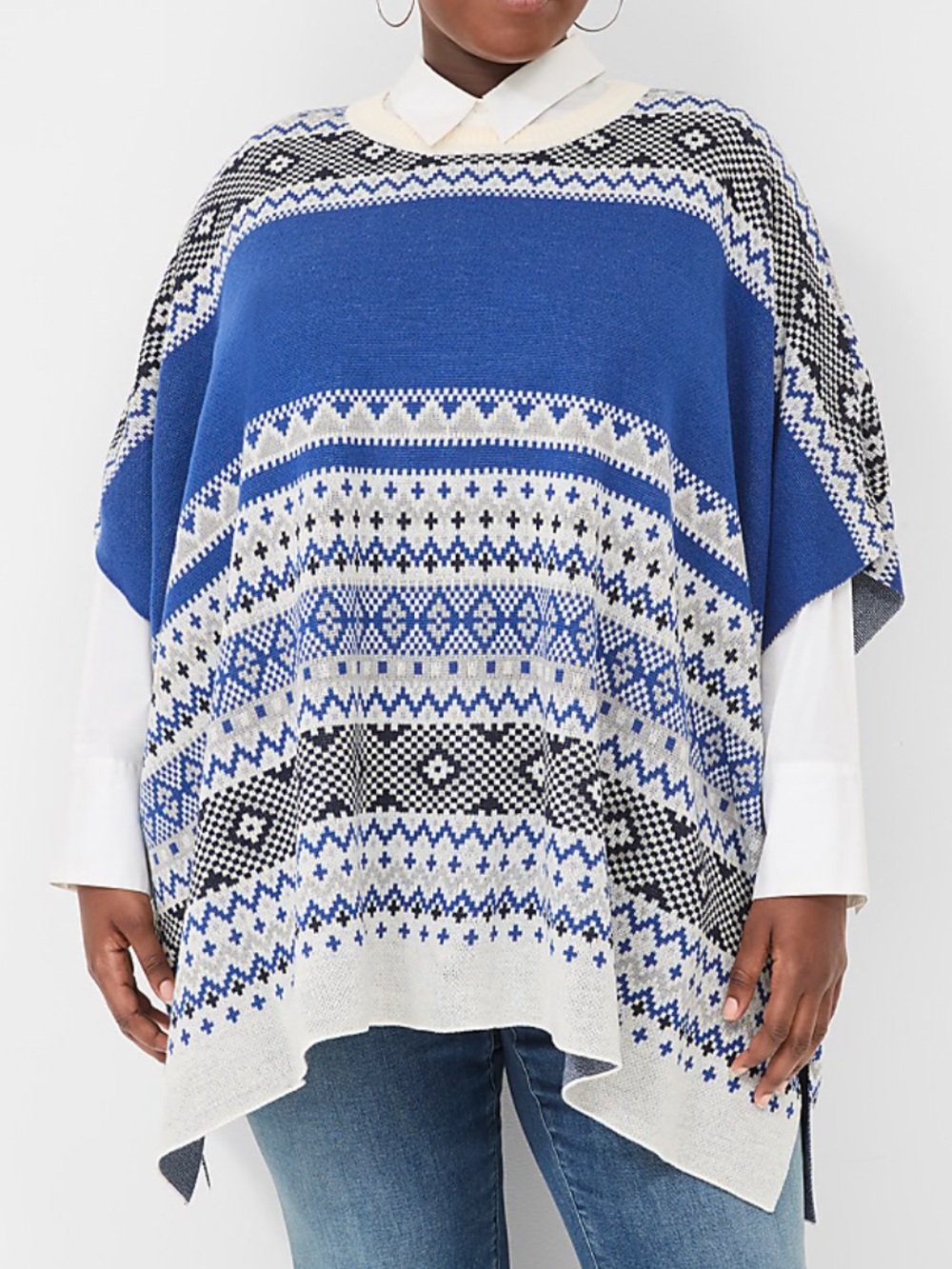Lane Bryant Fair Isle Poncho Sweater 18/20 Blue White Dolman Tunic Plus Size